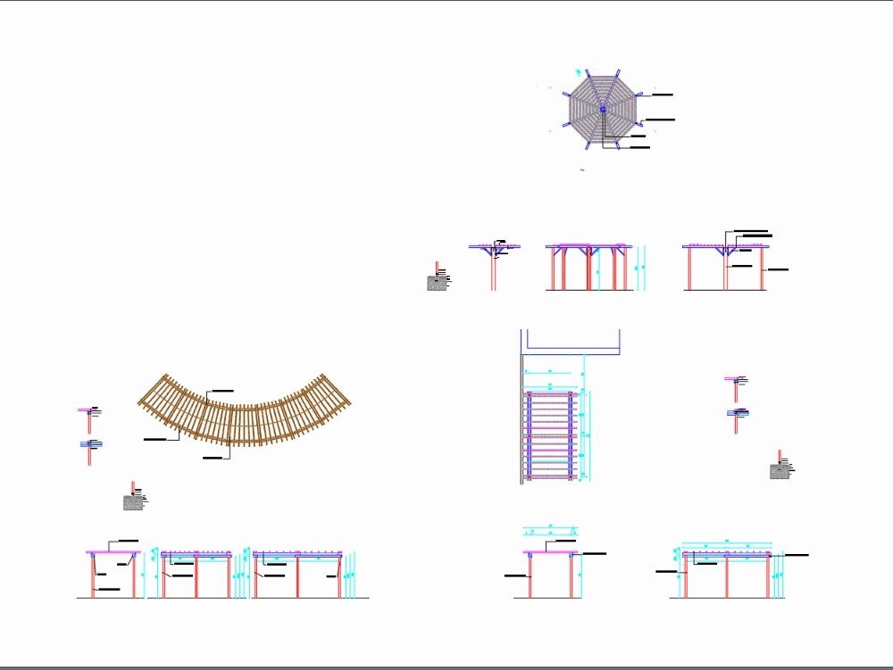 Three wooden pergolas with plans and details