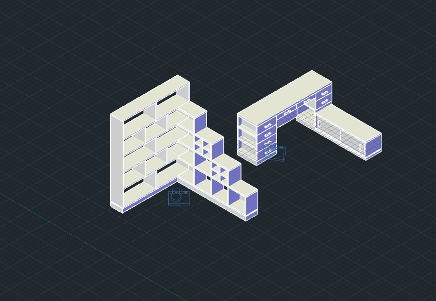 Bureau 3D et bibliothèque avec texture mélamine