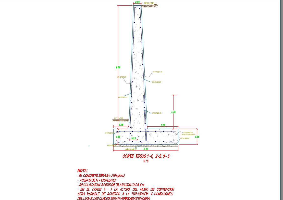 A parede de retenção de concreto será fc- = 210 kg-cm2