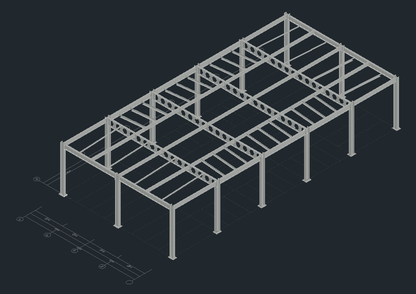 3D-Darstellung einer Stahlkonstruktion eines Schuppens