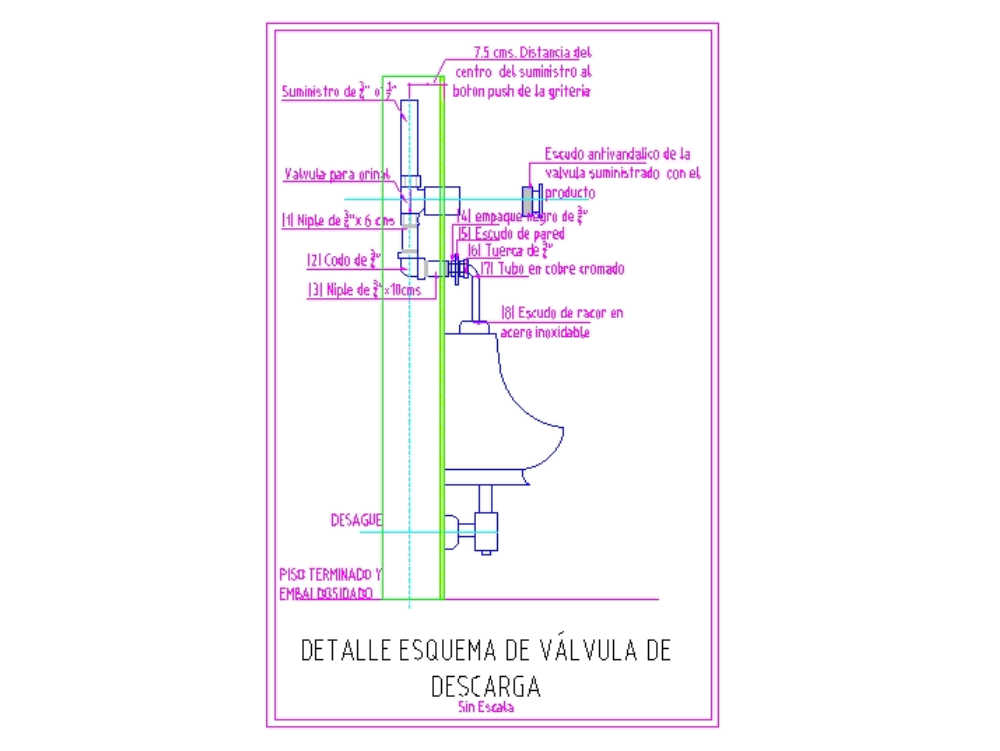 Detalle válvula de descarga hidrosanitario orinal 