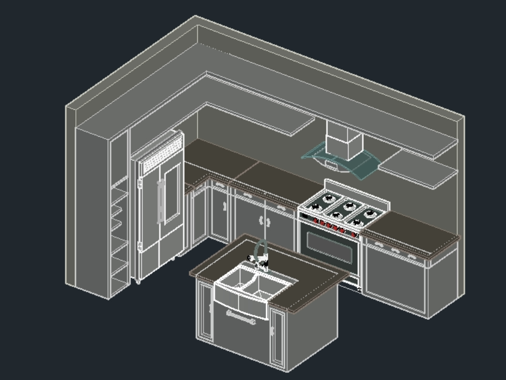 Kitchen modeled in 3d in autocad