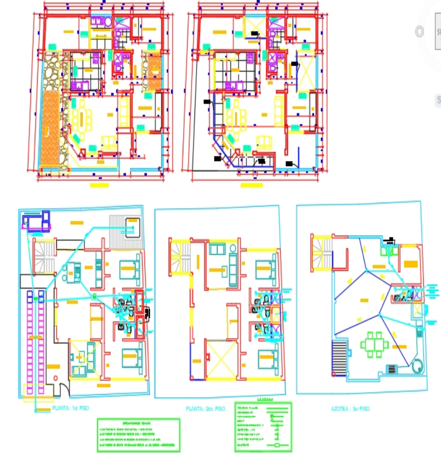 Plano de casa unifamiliar de 3 pisos