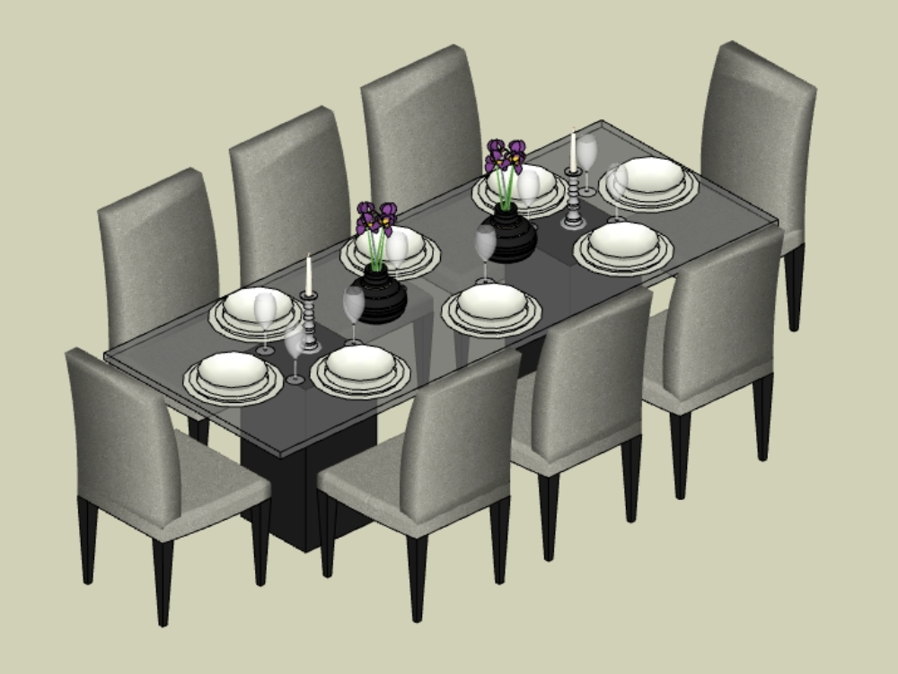 Mesa de jantar de 8 lugares com cadeiras.
