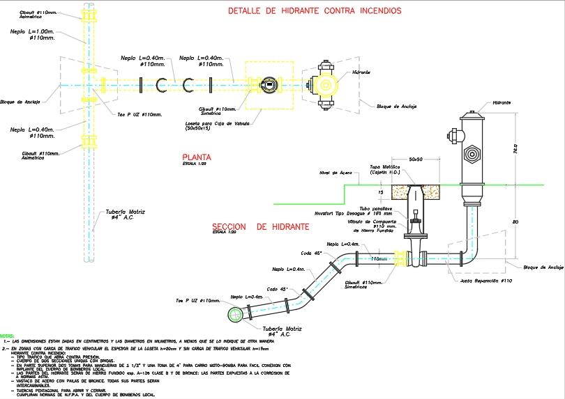 Proyecto y detalle de hidrante en acera