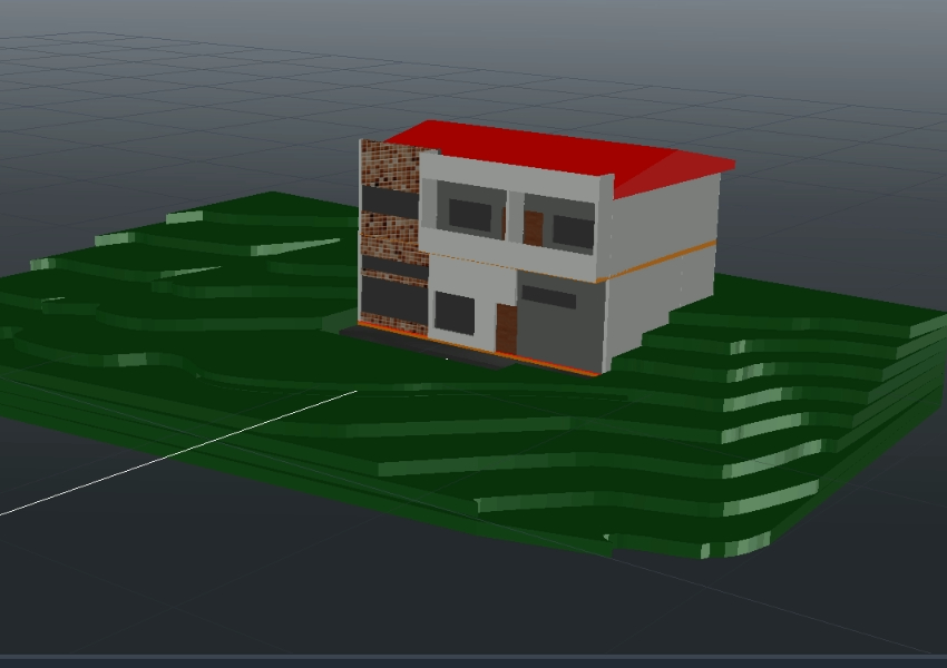 Vista casa en 3d con las cuarvas de nivel del proyecto