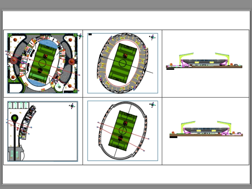 Pläne eines Stadionschnitts plus Aufrisse