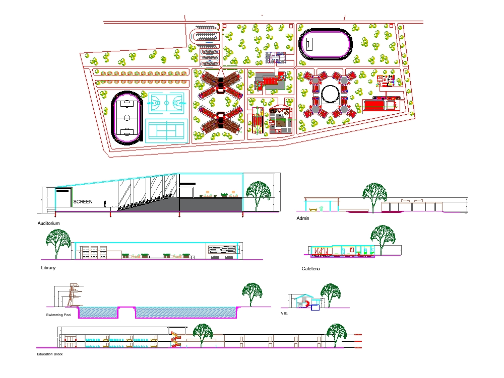 Educational institution plan with sections and landscape.