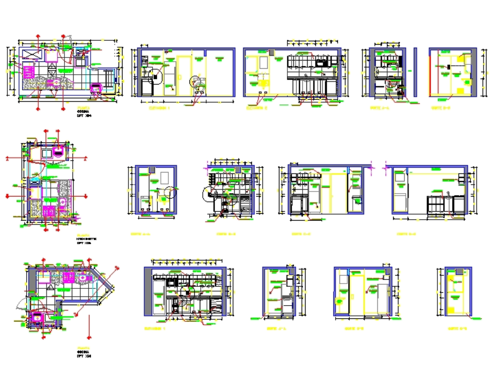 Detalhes das cozinhas integradas aos apartamentos.