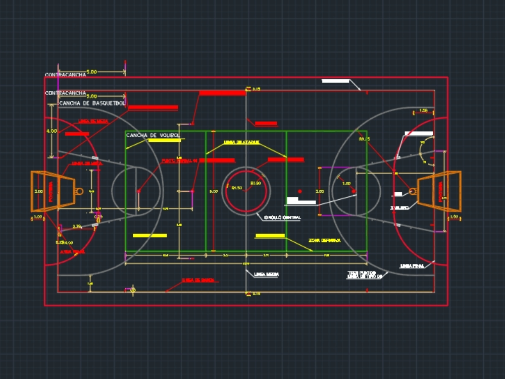 Terrain de volleyball; basket et foot