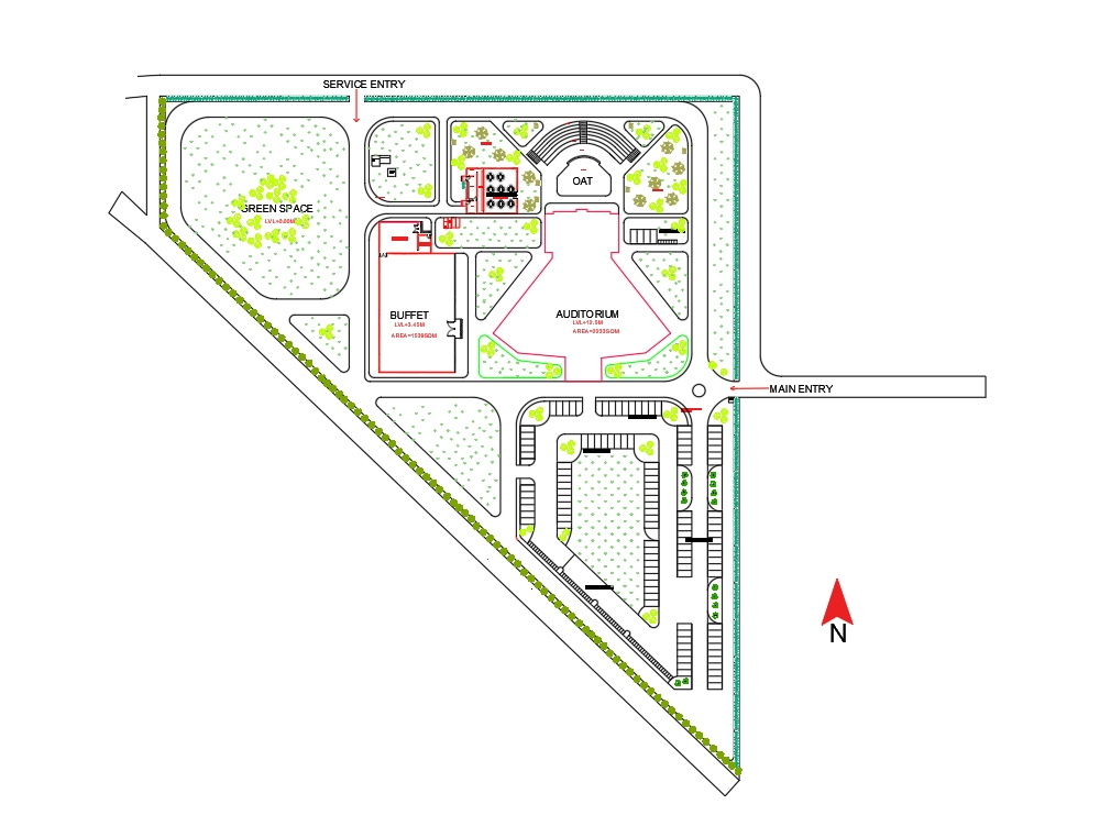 Plano del sitio del auditorio con cafetería; buffet y estacionamiento