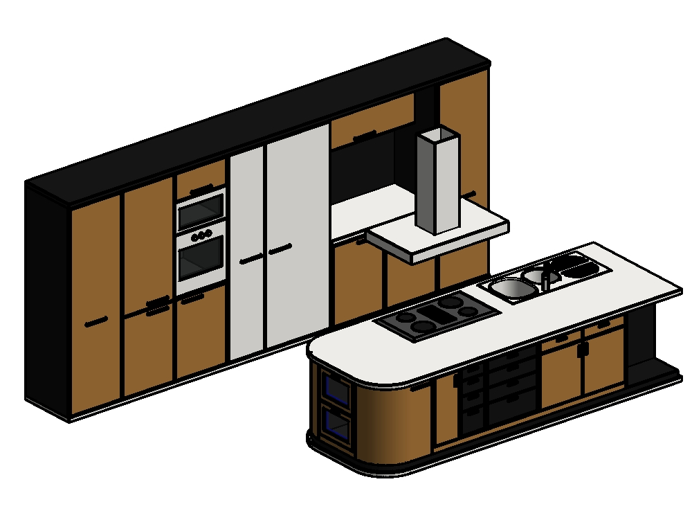Integral kitchen with island in 3d rfa revit