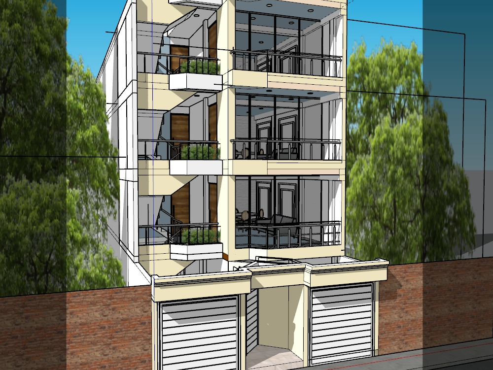 Modelado de vivienda de 4 niveles con cochera.