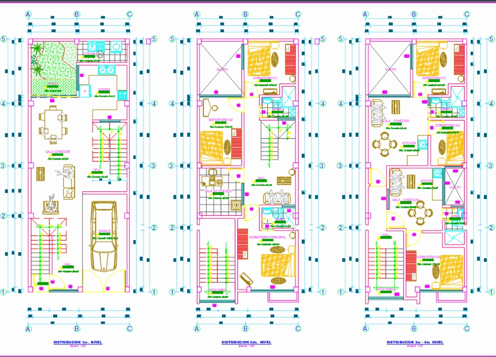 Plano de arquitectura de vivienda multifamiliar de 4 niveles