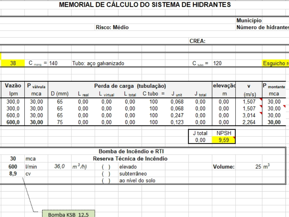 Calculation of hydrant sizing in excel
