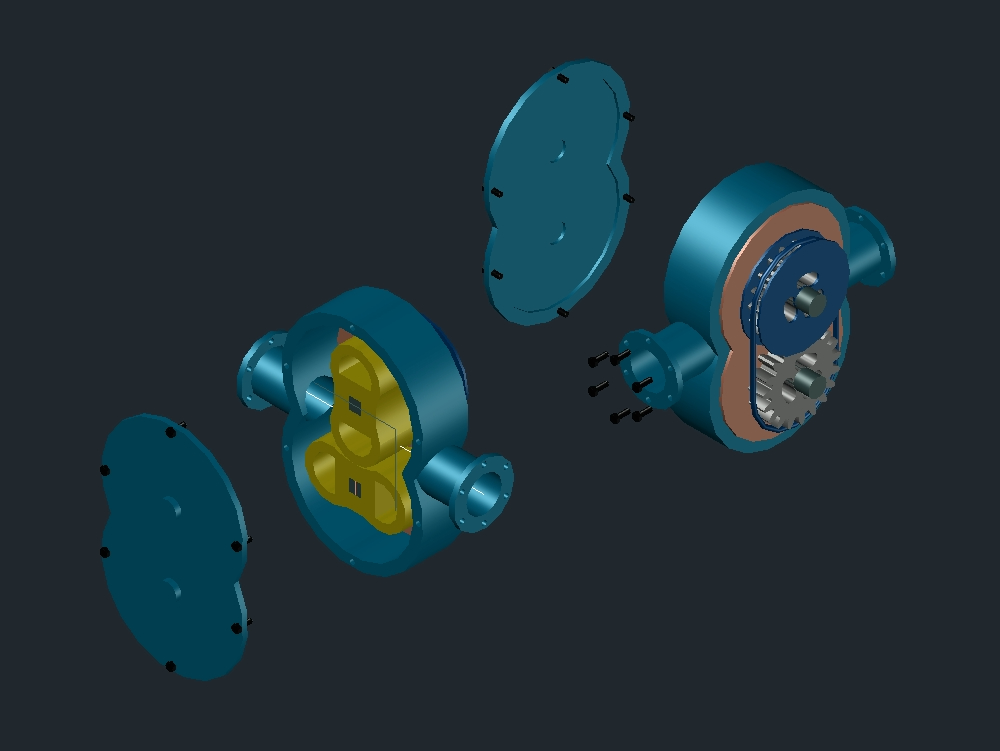 Lobe pump in 3d in detail by parts