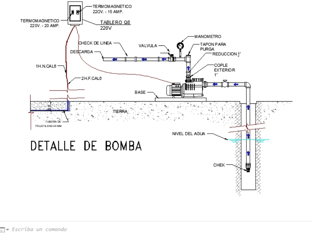 Detalle de conexión de bomba hidráulica para pozos profundos