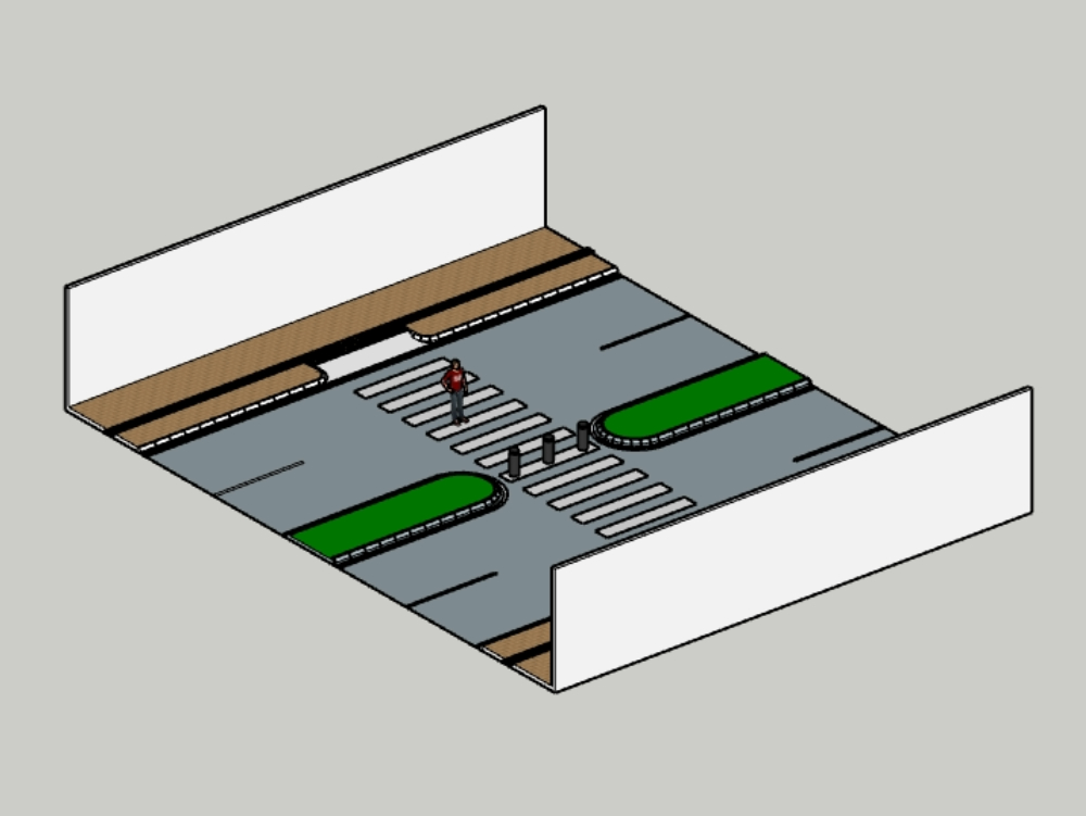 Crossing and pedestrian crossing with ramps and bollards