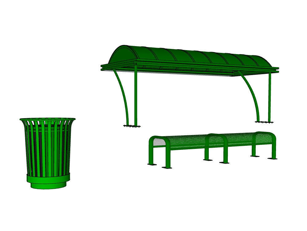 Park trash can ; shed; steel bench ; tarpaulin stand