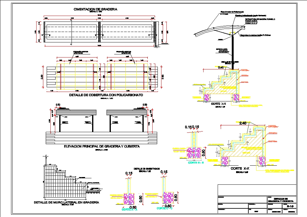 16_plano de detalle de graderías y cubierta y detalle de cobertura con policarbonato.