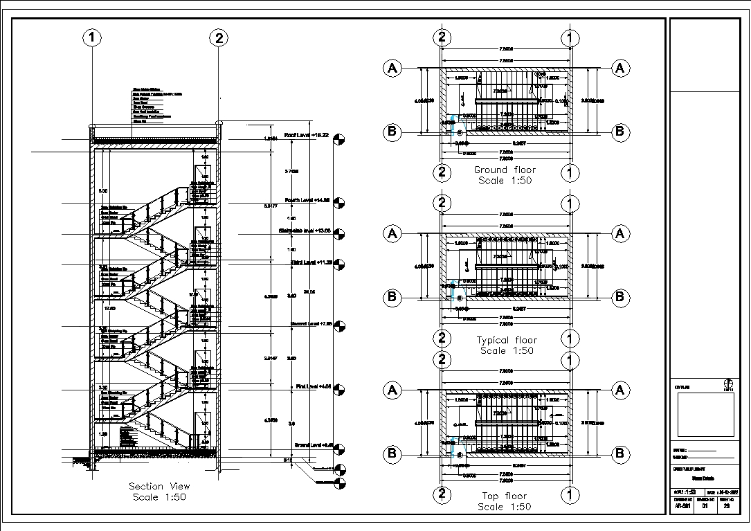Secciones completas de escaleras y planos incluyendo dimensiones en metros