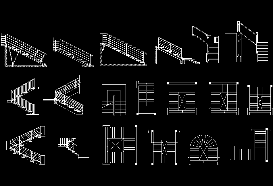 Seis tipos de escadas em planta e seção