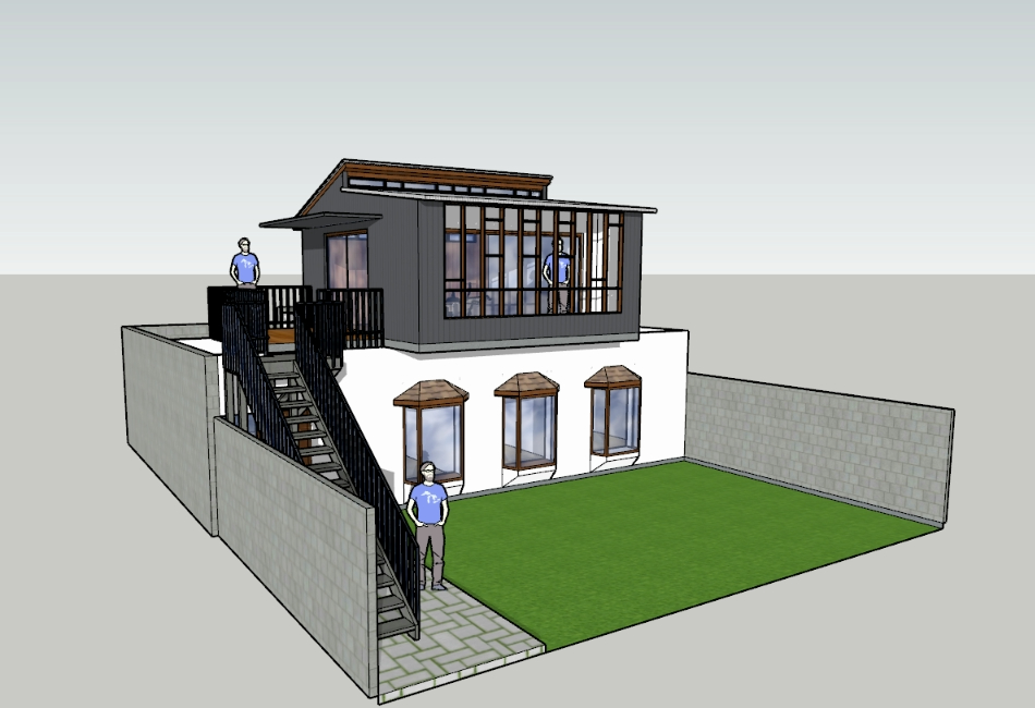Casa de 2º andar com escada metálica e terraço