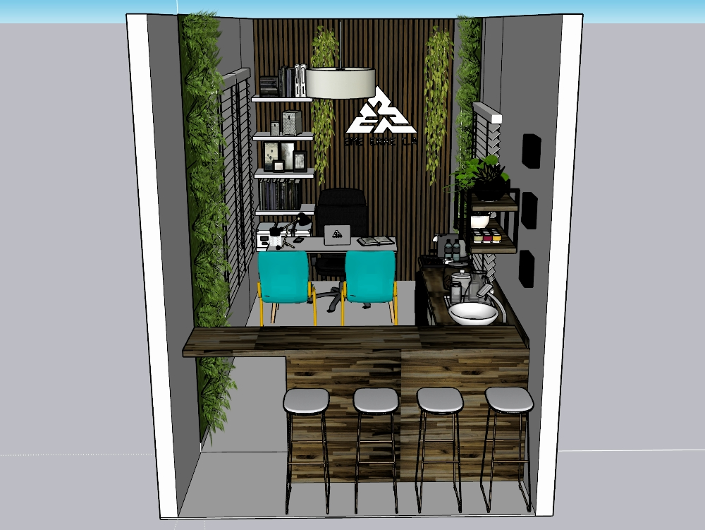 Mini cafeteria com escritório e balcão