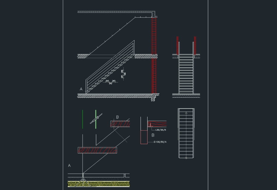 Escadaria de madeira e detalhe de construção