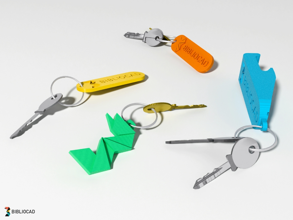 Various keychains with the bibliocad isologo