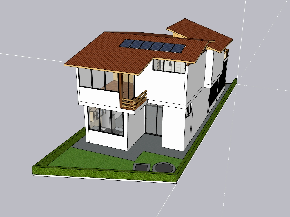 Casa de campo com biodigestores; painéis solares