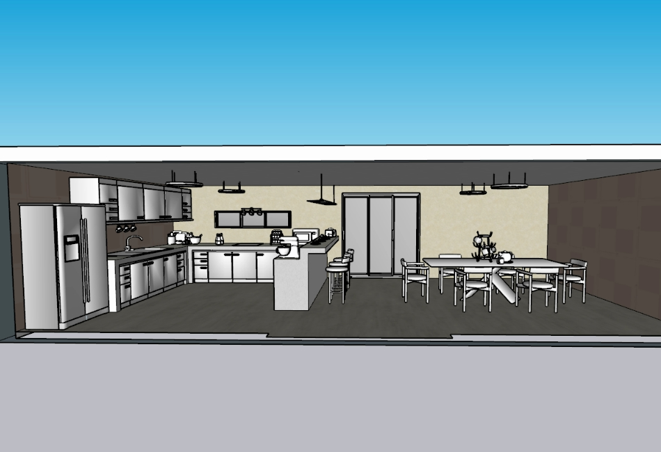 Cozinha e sala de jantar equipadas com modelos 3D realistas