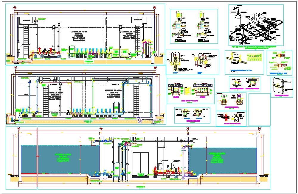 Detalhes da cisterna de água; cortes e elevações