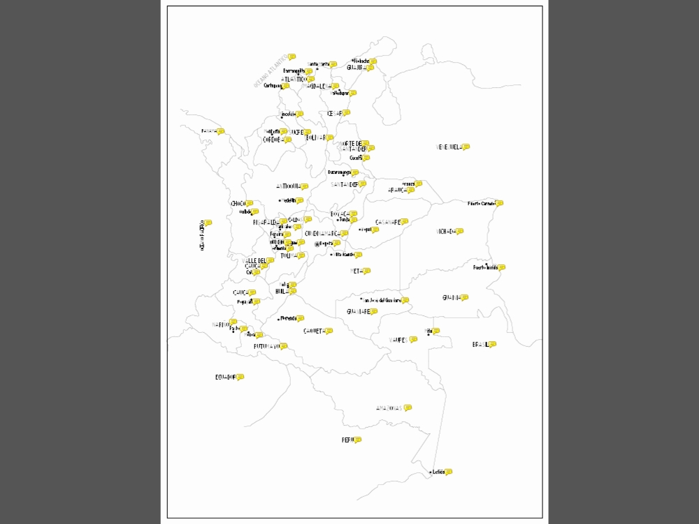 Vectorized map of Colombia with its departments and capitals