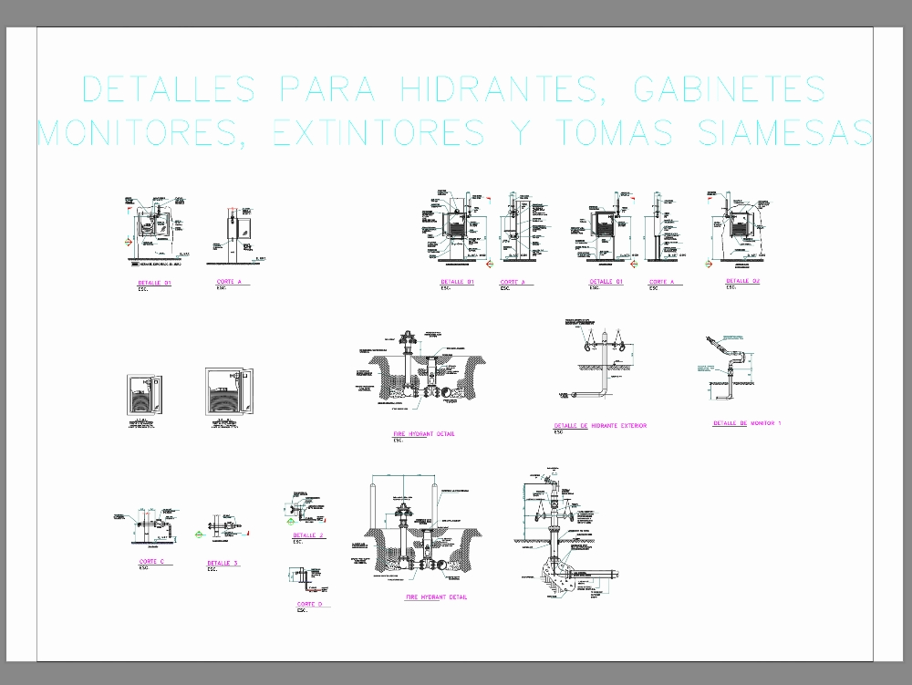 Details for hydrants; cabinets; monitors; extinguishers and Siamese plugs