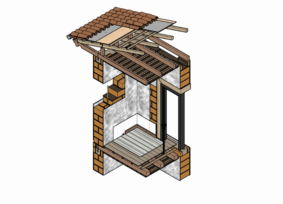 Detalle isométrico del sistema constructivo de adobe