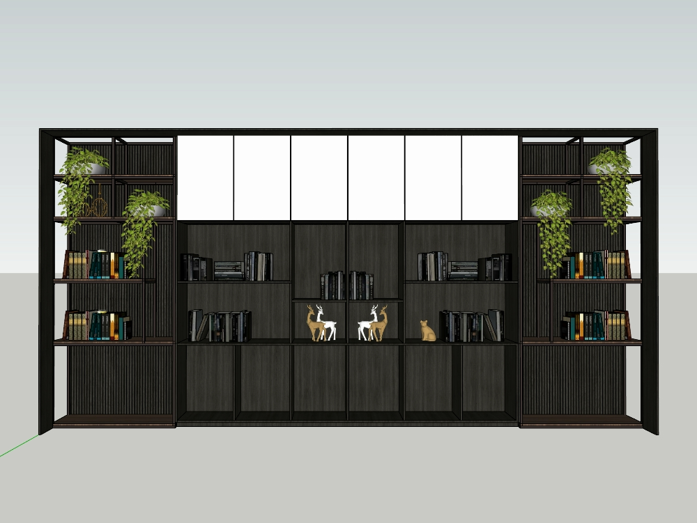 Estantería de libros; decoración y plantas