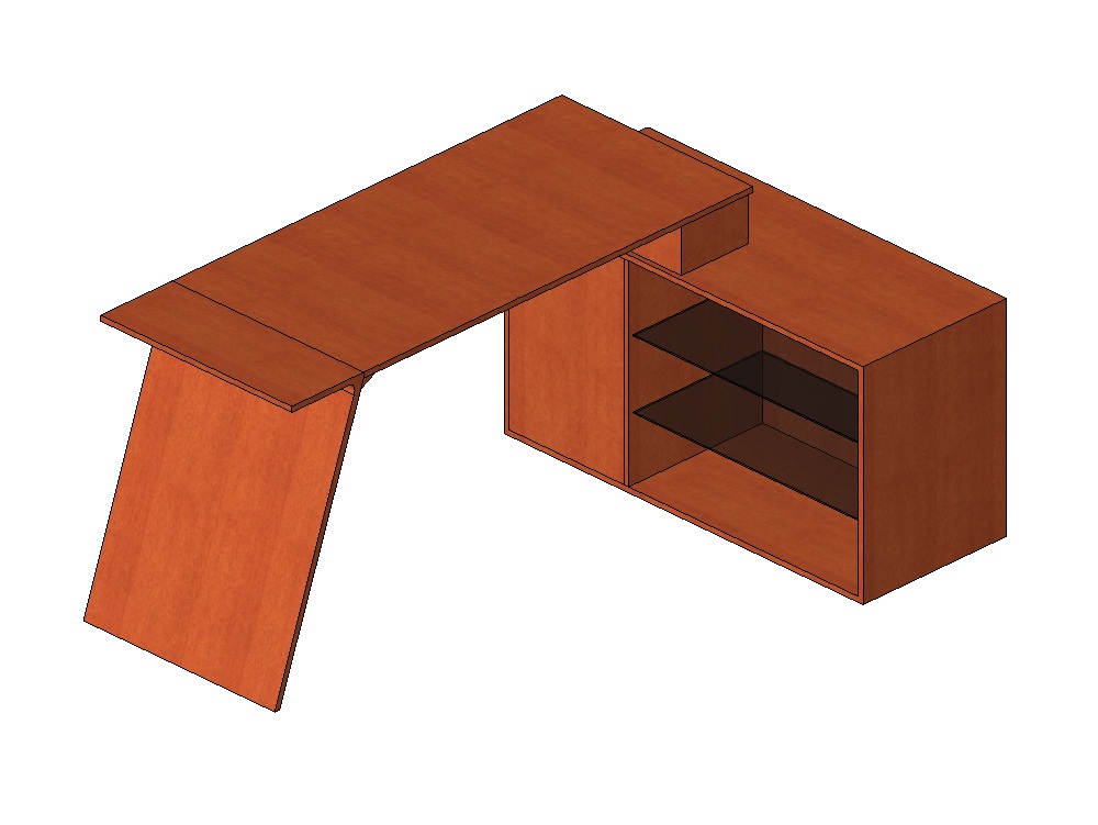 Mesa executiva em formato L com prateleiras de vidro