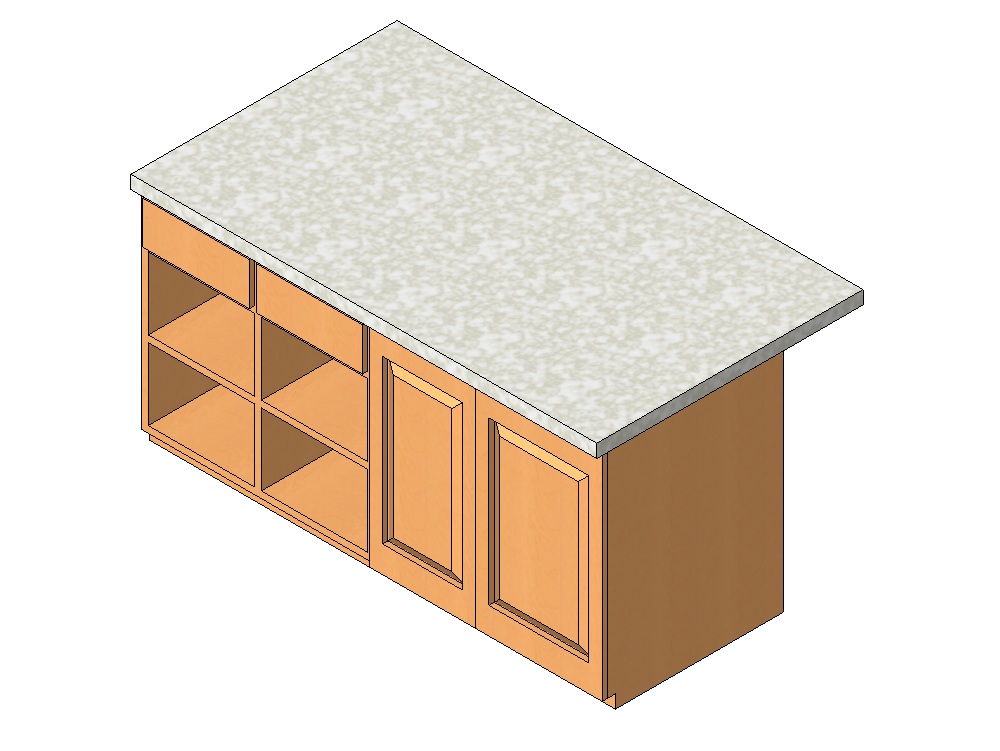 Kitchen island with shelving and cabinets