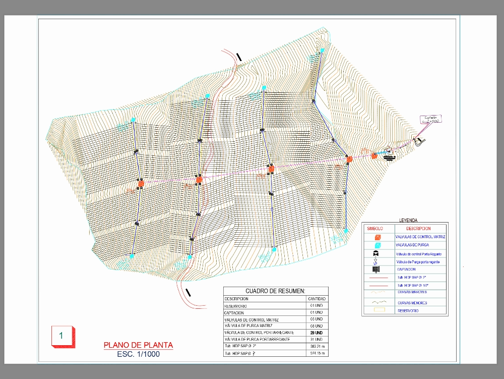 Sistema de riego plano topografico