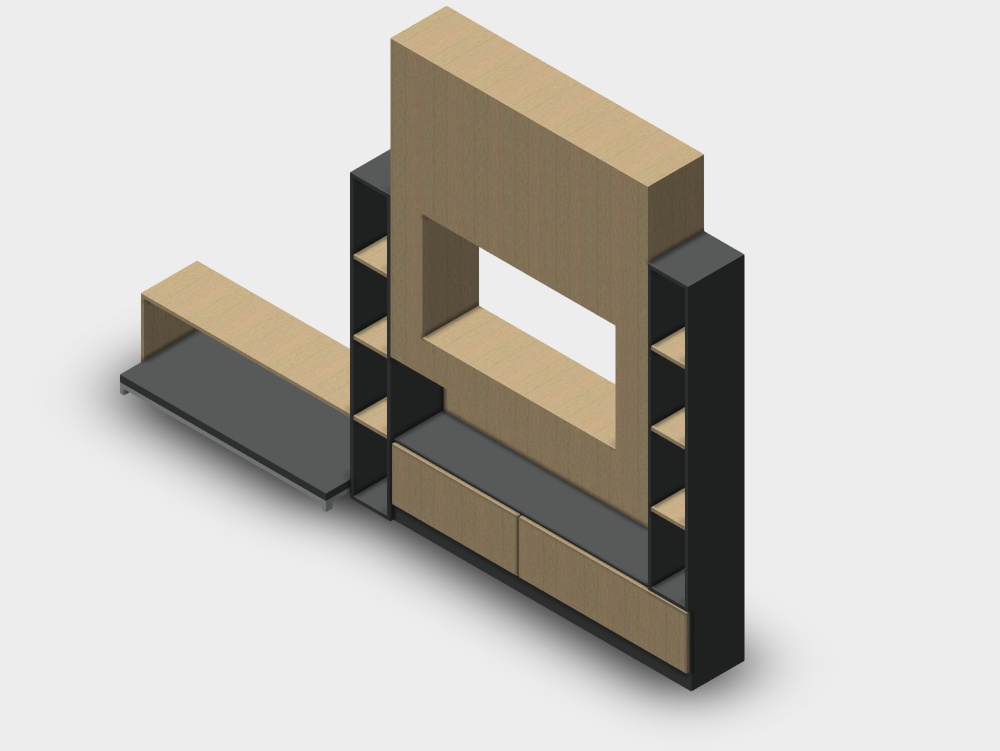 Móvel de TV com prateleiras e compartimentos fechados