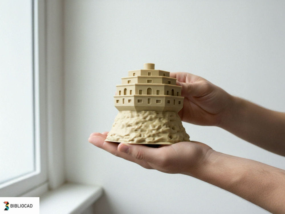 Circular castle on a rocky hill – 360° stepped fortress; printable 3D model