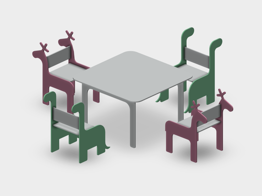 Playful furniture for children with a dinosaur and reindeer design