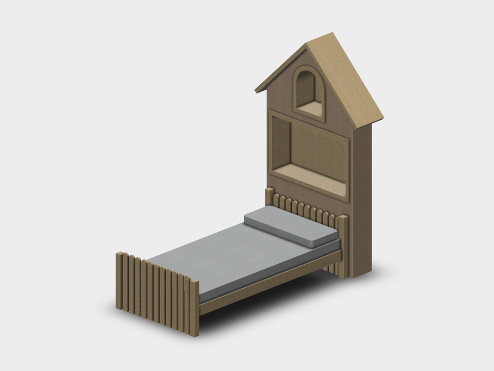 Children's bed with a house-shaped headboard