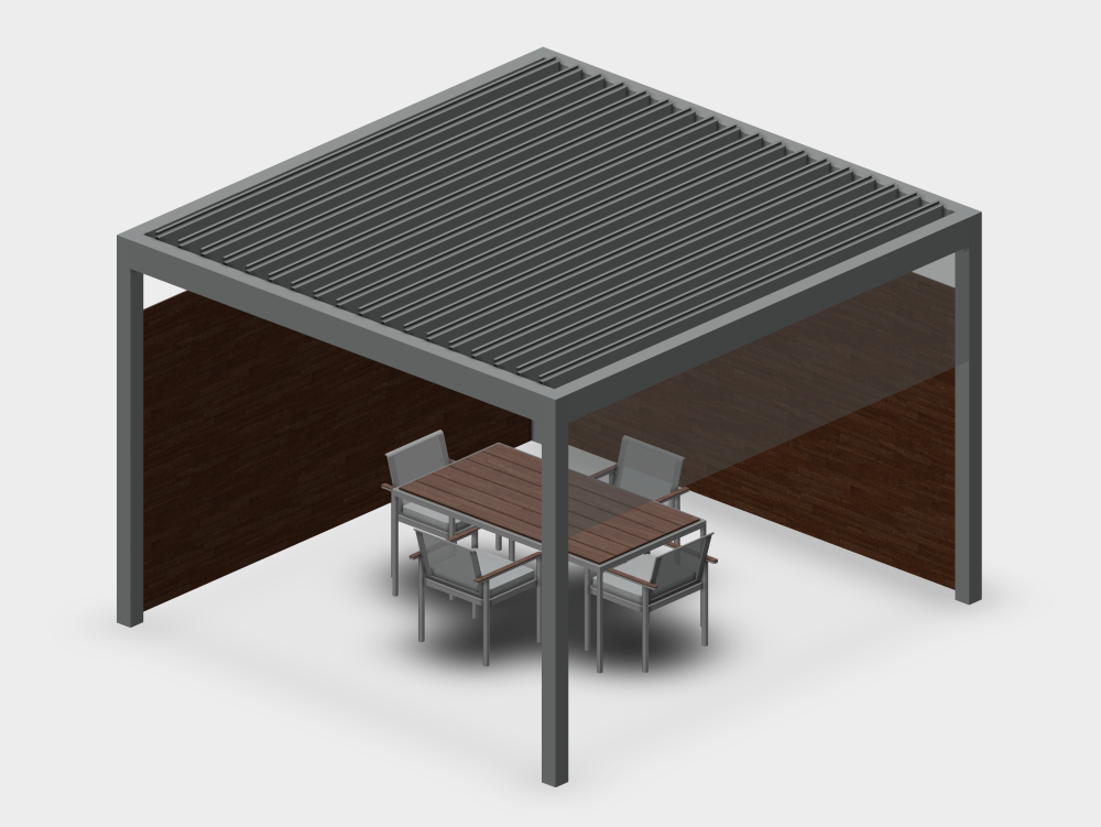 Pérgola con celosías metálicas y mobiliario integrado