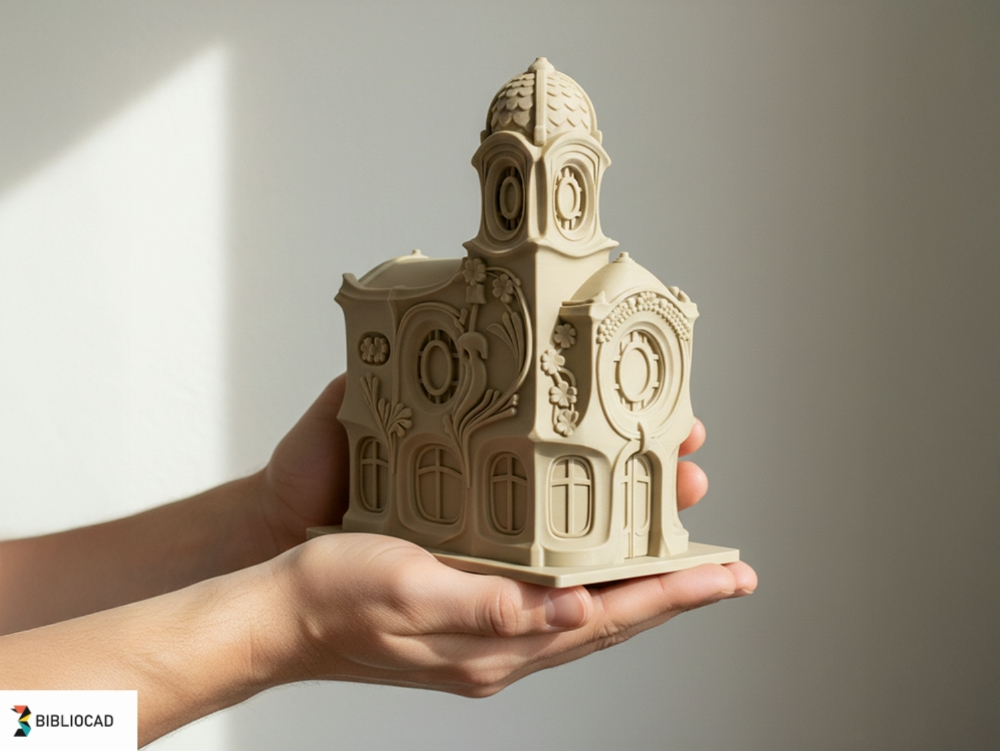 Maison Art nouveau à décor floral avec tour centrale – architecture moderniste de la fin du XIXe et du début du XXe siècle ; modèle 3D optimisé pour l’impression