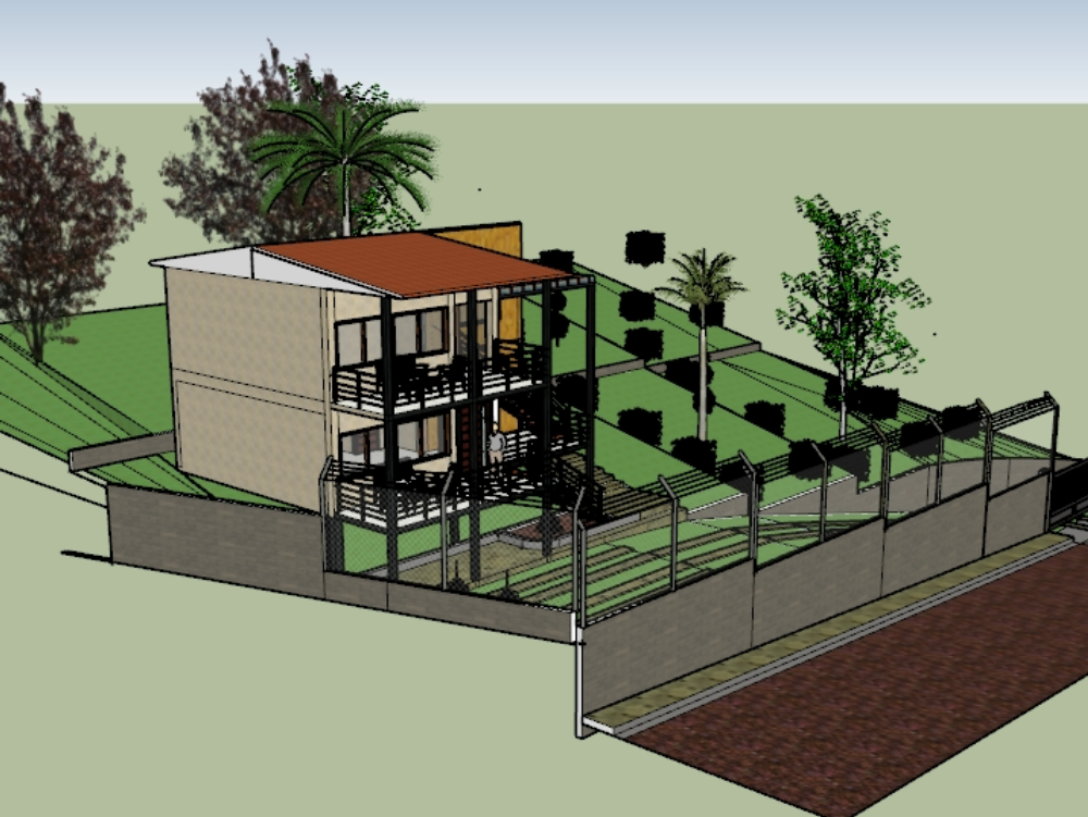 Modern country house design on sloping terrain.